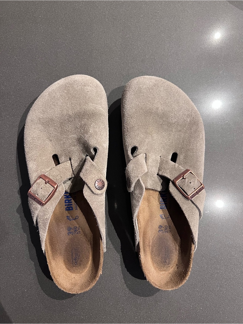 Birkenstock Suede Boston Clogs in Taupe Gray with Brown Buckles